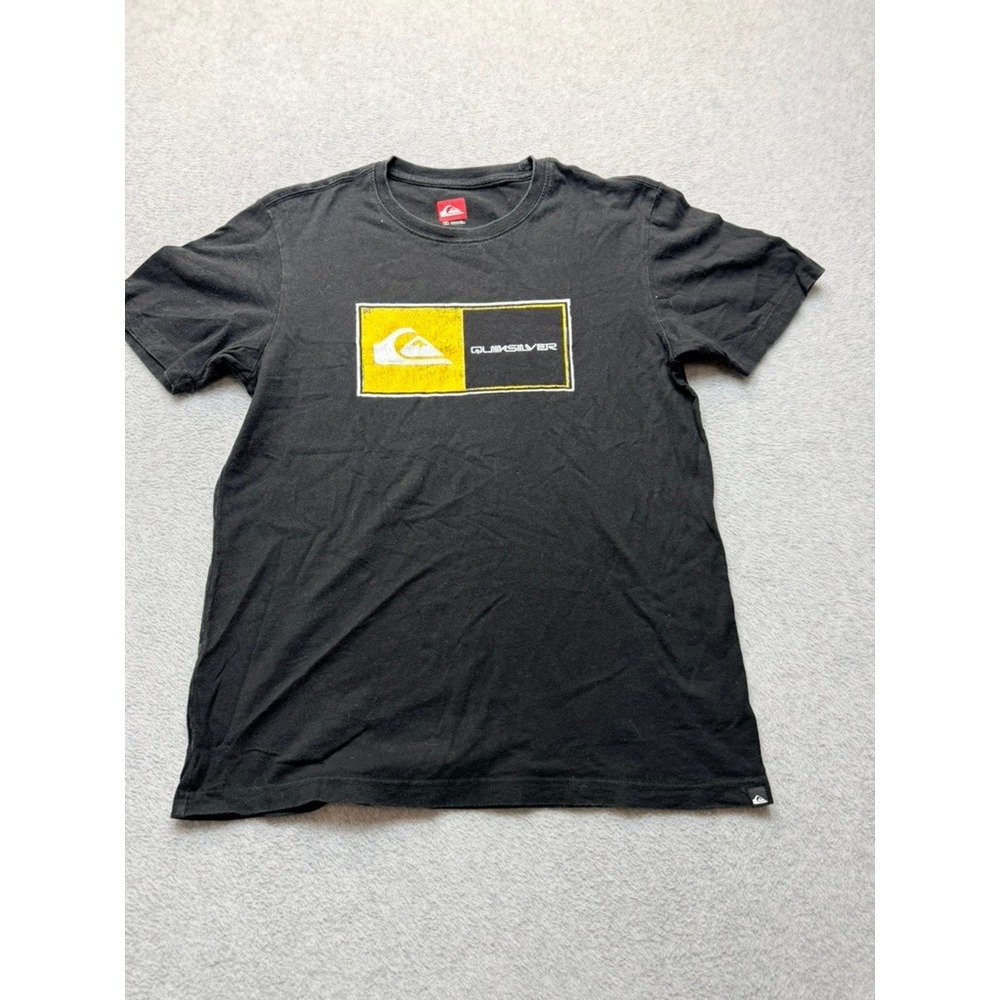 Quiksilver Mens Graphic T-Shirt Black Yellow Box Logo Surf Skate Tee Medium